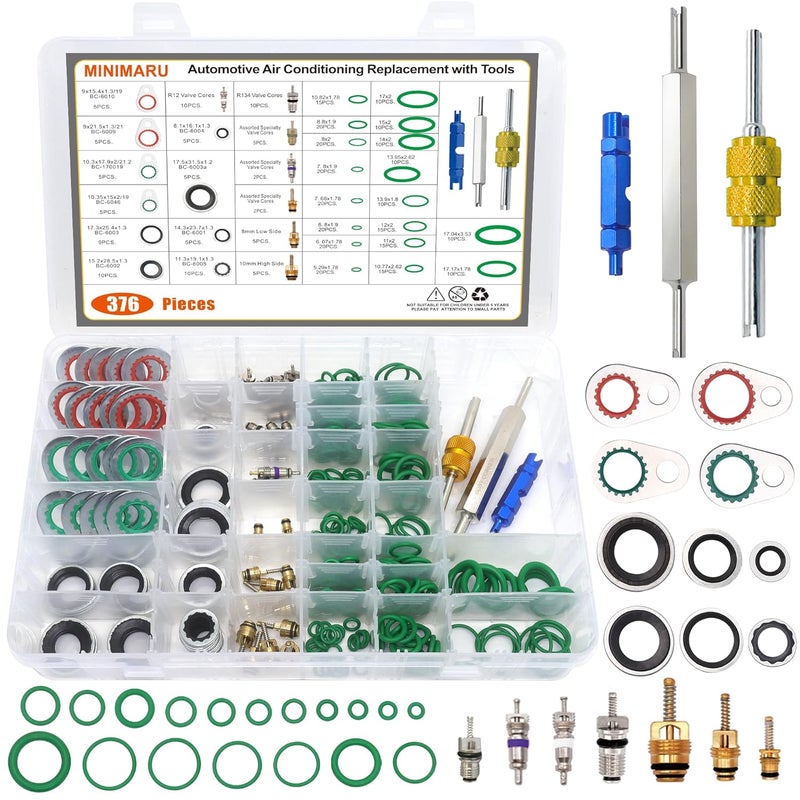 MINIMARU Car A/C Repair Kit, 64PCS Compressor Gasket Seals + 270PCS Green Rubber O-Ring Kit + 39PCS Car Air Conditioner Valve Core Kit, A/C R12 R134a Refrigeration Tire Valve Stem Cores with 3PCS Removal Tools - Image 1